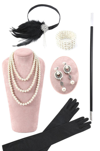 Robe perlée noire à franges avec ensemble d’accessoires des années 20