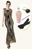 Paillettes dorées Glitter Long Flapper Robe avec 20s Accessoires Set