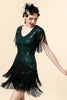 Charger l&#39;image dans la galerie, Robe Flapper à paillettes vertes à franges avec ensemble d’accessoires des années 20