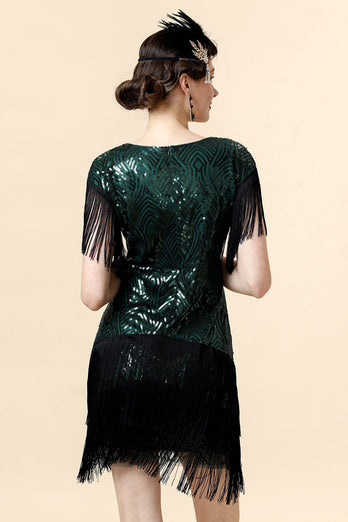 Robe Flapper à paillettes vertes à franges avec ensemble d’accessoires des années 20