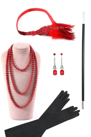 Robe à flancs à franges perles rouges avec ensemble d’accessoires des années 20