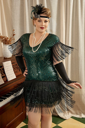 Robe Gatsby des années 20 de taille plus verte avec accessoires des années 20