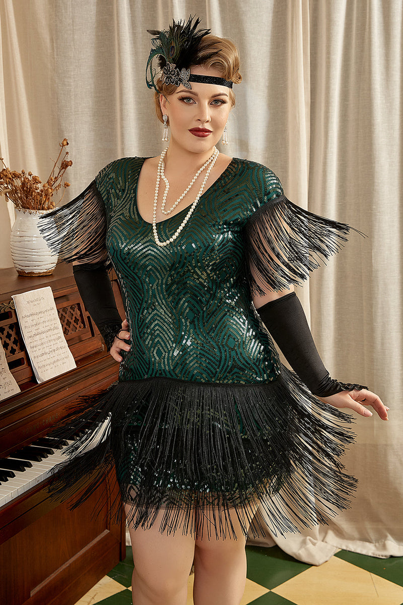 Charger l&#39;image dans la galerie, Robe Gatsby des années 20 de taille plus verte avec accessoires des années 20