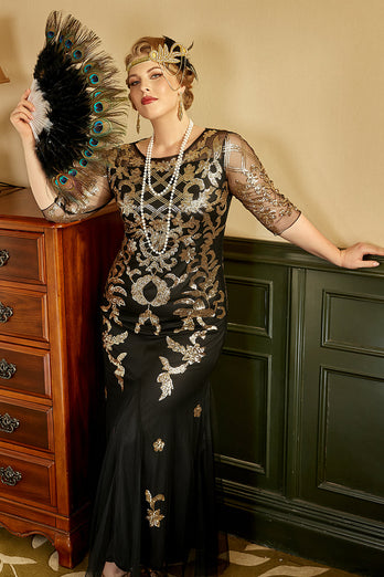 Noir et Or Plus Taille 1920s Gatsby Robe avec 20s Acessories Set