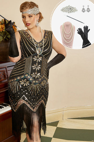 Paillettes Dorés Noirs Plus Taille 1920s Robe Gatsby avec 20s Acessories Set
