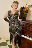 Paillettes Dorés Noirs Plus Taille 1920s Robe Gatsby avec 20s Acessories Set