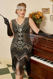 Paillettes Dorés Noirs Plus Taille 1920s Robe Gatsby avec 20s Acessories Set