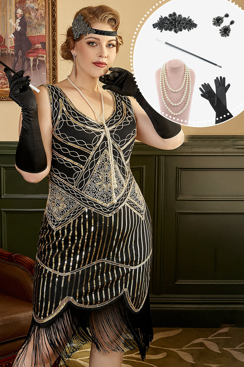 Charger l&#39;image dans la galerie, Robe noire dorée des années 20 Plus avec ensemble d’accessoires