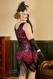 Paillettes Fuchsia 1920s Plus Taille Robe avec 20s Accessoires Set