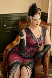 Paillettes Fuchsia 1920s Plus Taille Robe avec 20s Accessoires Set