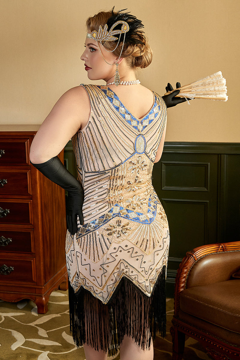 Charger l&#39;image dans la galerie, Paillettes abricot 1920s Plus Taille Robe avec 20s Acessories Set