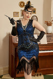 Robe Gatsby Plus Bleu Royal des années 20 avec ensemble d’accessoires