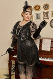 Paillettes noires Années 20 Flapper Plus Taille Robe avec 20s Accessoires Set