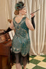 Charger l&#39;image dans la galerie, Robe de taille plus des années 1920 dorée et verte avec ensemble d’accessoires