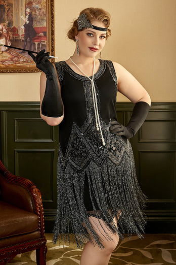 Noir Fringes 1920s Plus Taille Gatsby Robe avec 20s Accessoires Set
