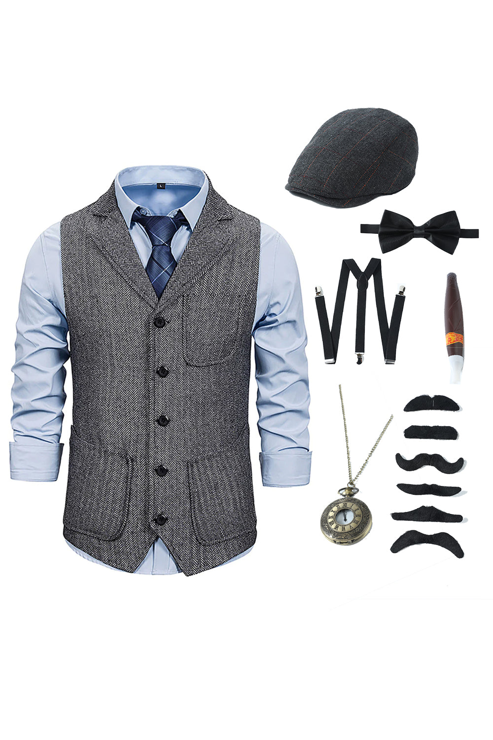 Gilet gris à cranton pour homme avec ensemble d’accessoires