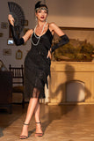 Robe à paillettes noire scintillante des années 20 avec accessoires des années 20