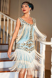 Robe à paillettes bleu scintillant des années 20 avec accessoires des années 20