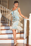 Robe à paillettes bleu scintillant des années 20 avec accessoires des années 20