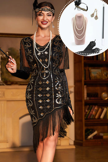 Robe Flapper Paillettes noires scintillantes des années 20 avec accessoires des années 20
