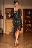 Robe Flapper Paillettes noires scintillantes des années 20 avec accessoires des années 20