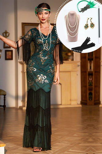 Vert foncé à paillettes frangées longue robe Gatsby des années 20 avec ensemble d’accessoires