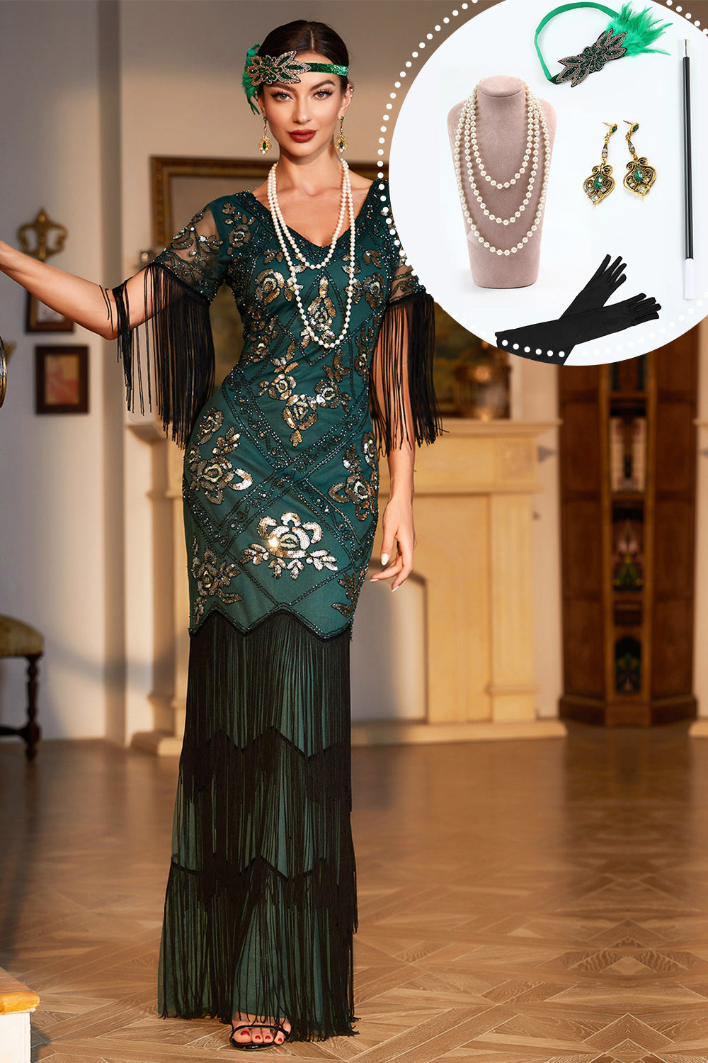 Vert foncé à paillettes frangées longue robe Gatsby des années 20 avec ensemble d’accessoires