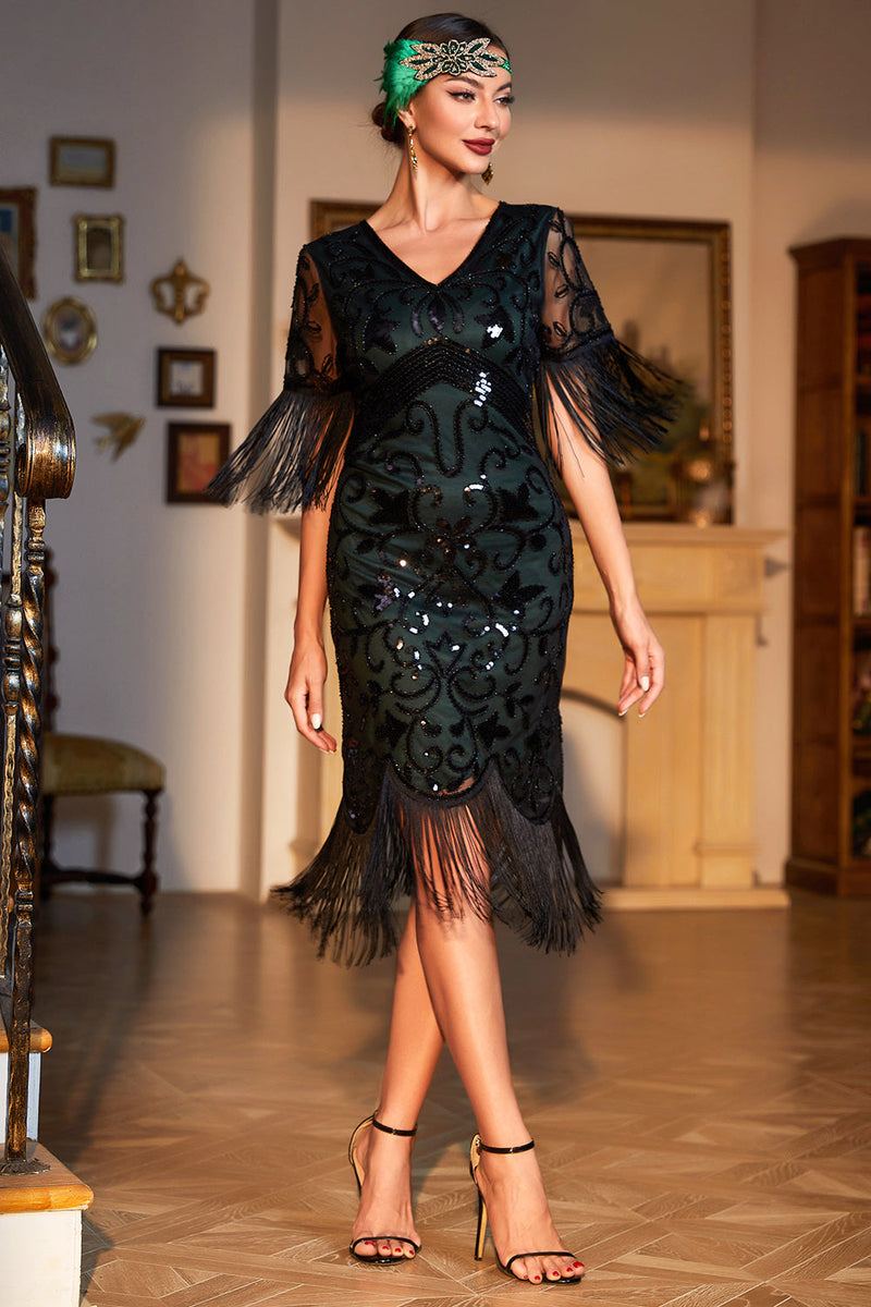 Charger l&#39;image dans la galerie, Vert foncé à paillettes frangées manches courtes 1920s robe Gatsby avec ensemble d’accessoires