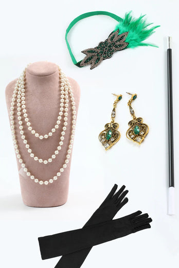 Robe Gatsby des années 20 à paillettes vert foncé avec ensemble d’accessoires