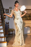 Paillettes dorées scintillantes longues Robe des années 20 avec ensemble d’accessoires