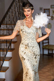 Paillettes dorées scintillantes longues Robe des années 20 avec ensemble d’accessoires