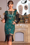 Vert foncé scintillant Cap Manches Paillettes Frangées des années 20 Robe avec Accessoires Set