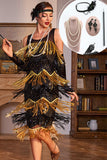 Robe à paillettes noires et dorées scintillantes des années 20 avec ensemble d’accessoires