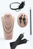 Charger l&#39;image dans la galerie, Robe à paillettes noires et dorées scintillantes des années 20 avec ensemble d’accessoires