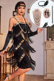Sparkly Black et Golden Bretelles Spaghetti Sequins Robe à franges des années 20 avec ensemble d’accessoires