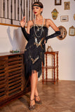 Sparkly Black et Golden Bretelles Spaghetti Sequins Robe à franges des années 20 avec ensemble d’accessoires