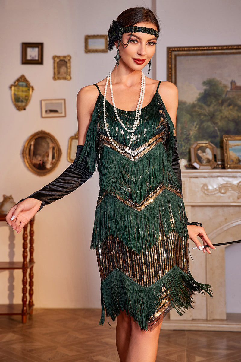 Charger l&#39;image dans la galerie, Sparkly Green et Golden Bretelles Spaghetti Sequins Robe à franges des années 20 avec ensemble d’accessoires