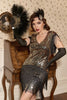 Charger l&#39;image dans la galerie, Robe noire à paillettes frangées dorées des années 20 avec ensemble d’accessoires