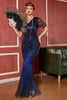Charger l&#39;image dans la galerie, Robe longue à paillettes frangées bleu foncé des années 20 avec ensemble d’accessoires