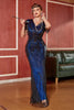 Charger l&#39;image dans la galerie, Robe longue à paillettes frangées bleu foncé des années 20 avec ensemble d’accessoires