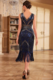 Robe bleu foncé Midi à paillettes frangées à sequins des années 20 avec ensemble d’accessoires