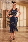 Robe bleu foncé Midi à paillettes frangées à sequins des années 20 avec ensemble d’accessoires