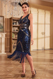 Robe bleu foncé Midi à paillettes frangées à sequins des années 20 avec ensemble d’accessoires