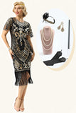 Paillettes noires frangées manches des années 20 robe avec accessoires ensemble