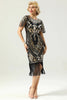 Charger l&#39;image dans la galerie, Paillettes noires frangées manches des années 20 robe avec accessoires ensemble