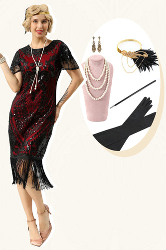 Noir rouge paillettes frangées manches des années 20 robe avec accessoires ensemble