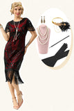 Noir rouge paillettes frangées manches des années 20 robe avec accessoires ensemble
