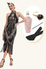 Charger l&#39;image dans la galerie, Robe scintillante à paillettes dorées noires à franges des années 20 avec ensemble d’accessoires