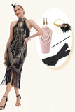 Robe scintillante à paillettes dorées noires à franges des années 20 avec ensemble d’accessoires