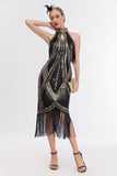 Robe scintillante à paillettes dorées noires à franges des années 20 avec ensemble d’accessoires
